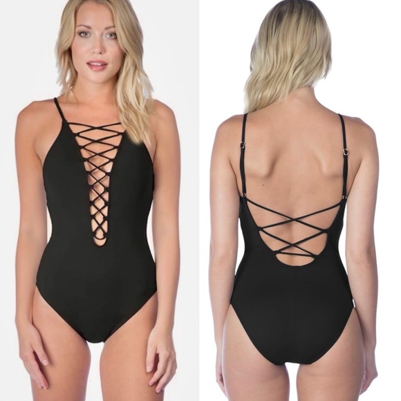 LA BLANCA Island Goddess High Neck Lace Front One Piece Swimsuit Womens 16💚 - Picture 1 of 12